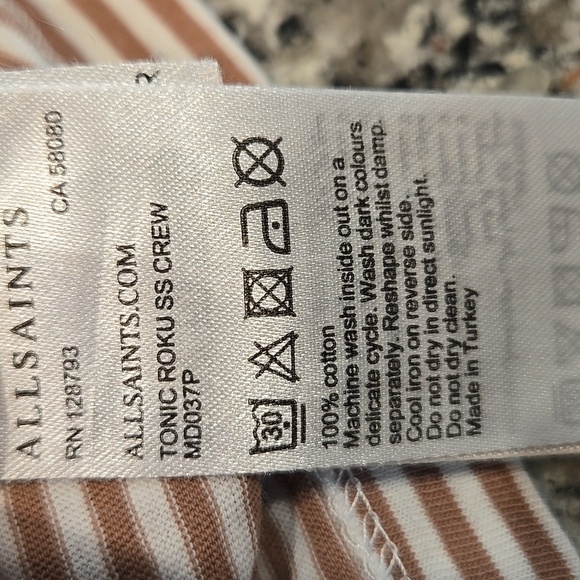 ALLSAINTS TONIC ROKU SS CREW T-SHIRT. SIZE X-LARGE. STRIPED. BROWN/CREAM. - Picture 5 of 10